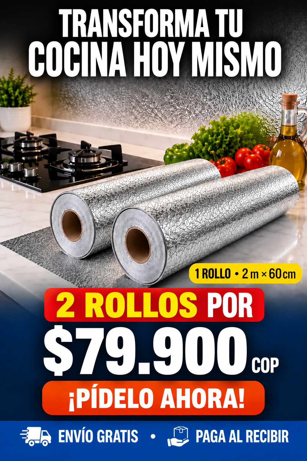 ✨ Papel Adhesivo de Aluminio 2 m × 60 cm | Renueva y Protege tu Cocina sin Obras 🏠
