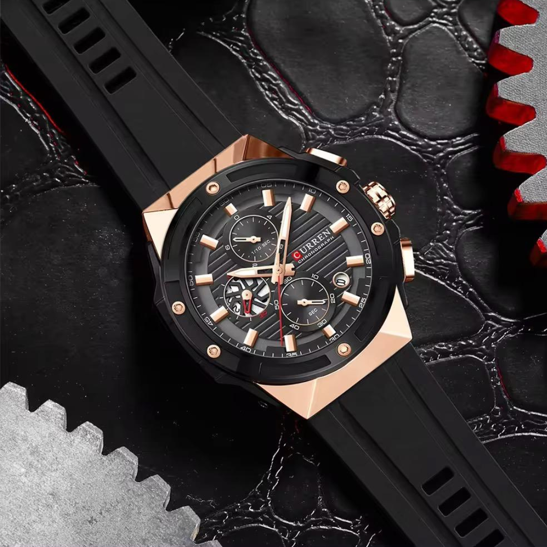 Reloj Curren 8462 negro, detalle de esfera y correa